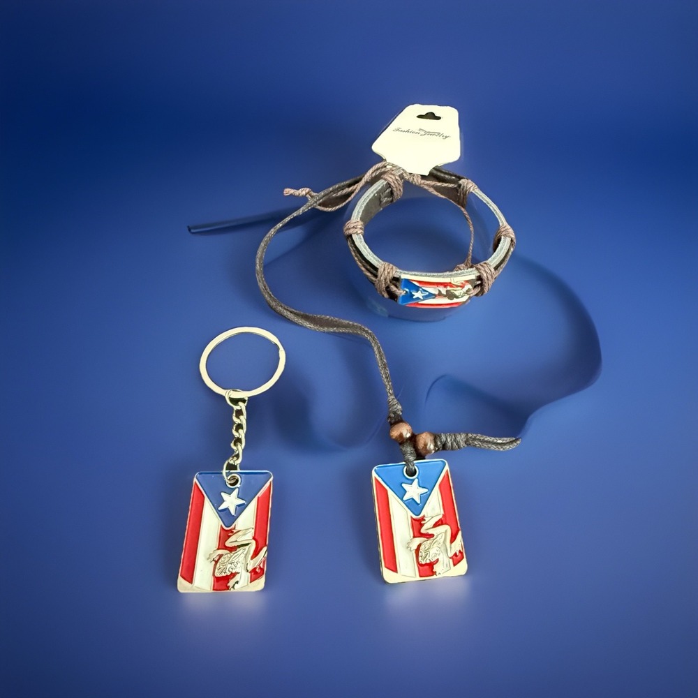 Puerto Rico Frog Lot Bracelet Necklace Keychain 3pc Set Coqui Flag Jewelry